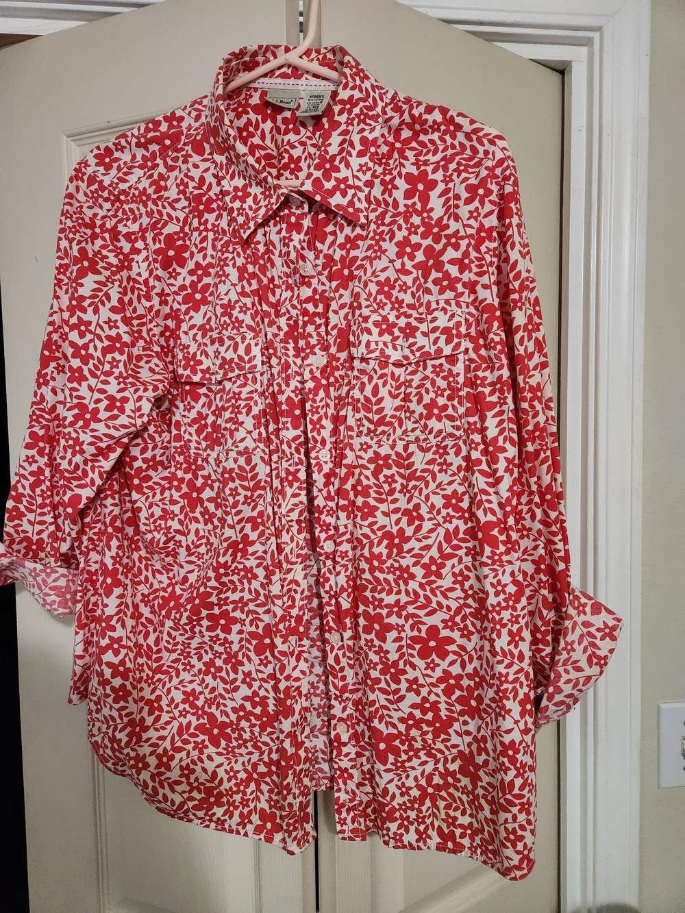 L.L. Bean Red and White Floral Button-Front Shirt